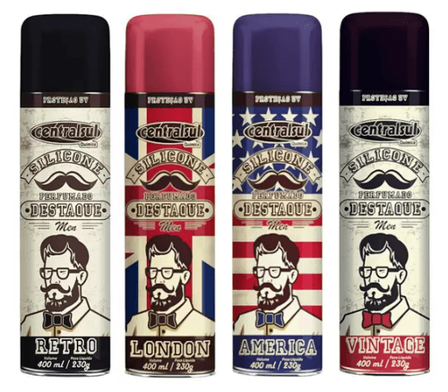 Kit Silicone Spray Aerossol Perfumado Retro Vintage London America 400ML CentralSul 4 Unidades