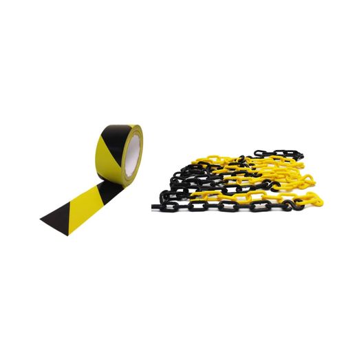 Kit fita zebrada preta e amarela + corrente plástica de sinalização preta e amarela elo grande PLASTC