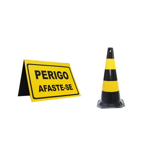 Kit cone sinalizador 75 centímetros preto e amarelo + cavalete de sinalização perigo afaste-se PLASTC